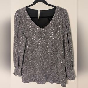 My Collection Stunning Silver Sequin V-Neck Top Blouse Size M 3/4 Sleeves EUC